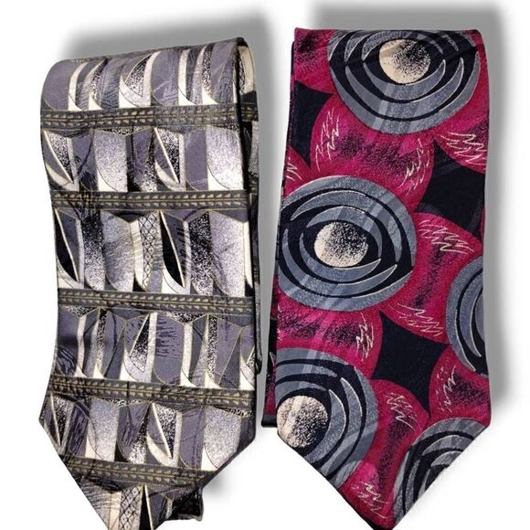 Oscar de la Renta Feraud Mens Silk Ties Graphic Designs Red Grey Business - Picture 3 of 6